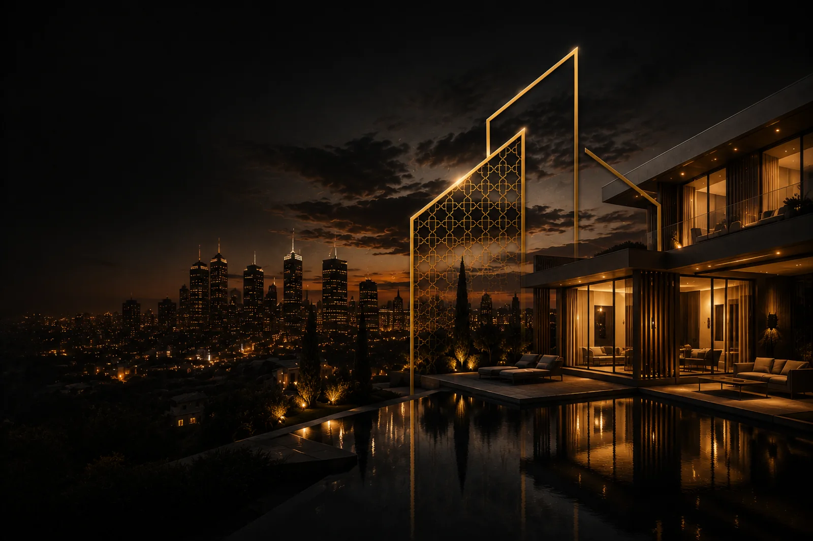 Villa illuminée la nuit, piscine à débordement, arche dorée et skyline urbain